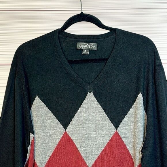 Kenneth Roberts Platinum Merino Wool Sweater Black Argyle V-neck Men’s size XL - Picture 3 of 9